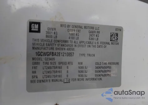 2014 Chevrolet Express 2500 Work Van z USA, uszkodzony, nr VIN 1GCWGFBA2E1210857